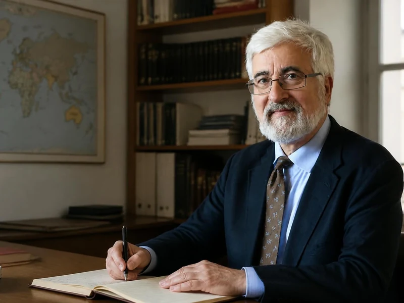Portrait de Jean de Gliniasty assis à son bureau en train d'écrire dans un carnet devant une carte du monde