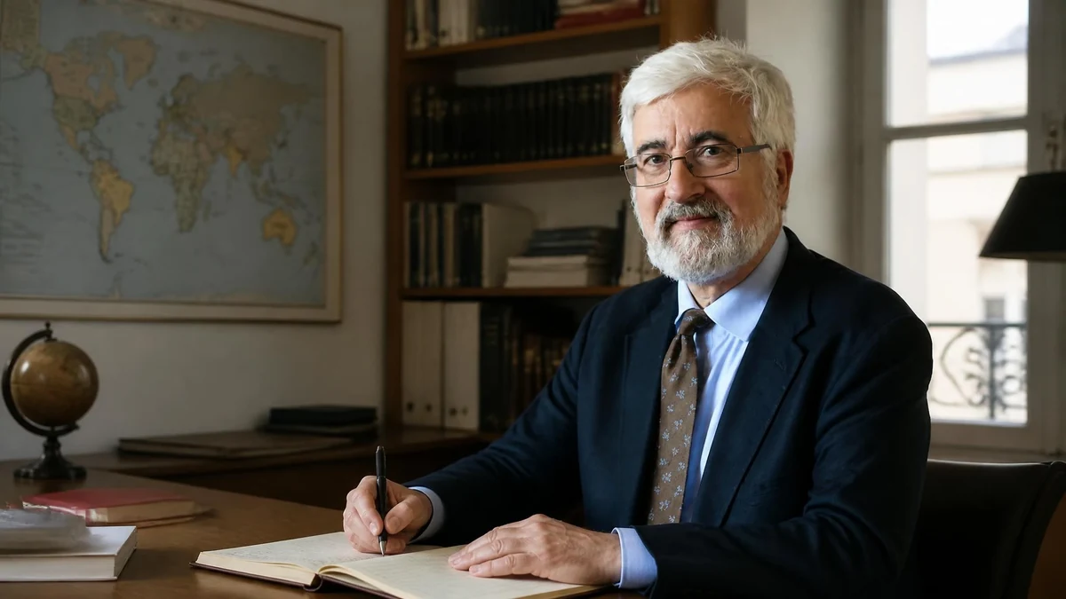 Portrait de Jean de Gliniasty assis à son bureau en train d'écrire dans un carnet devant une carte du monde
