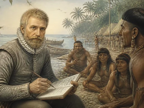 Jean de Léry observe et note les coutumes des populations autochtones sur une plage du Brésil