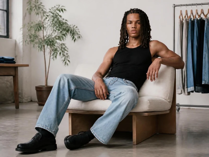 Un homme aux cheveux longs porte un débardeur noir et un jean droit en étant assis sur un fauteuil dans un studio