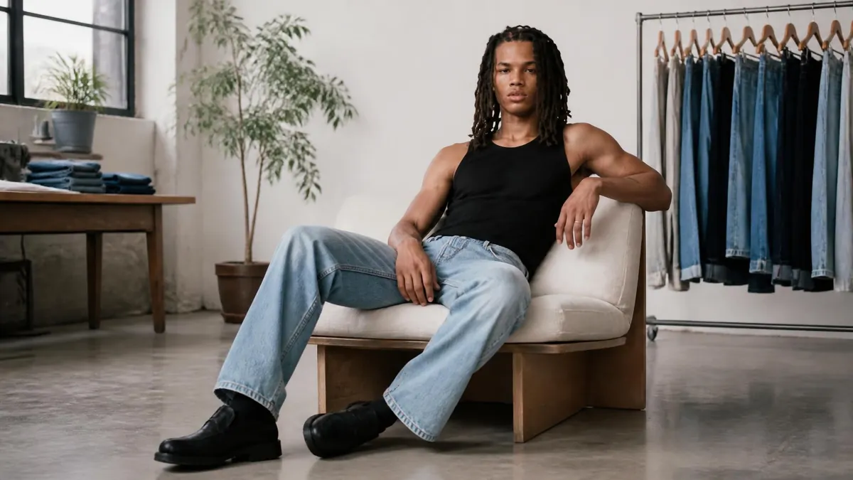 Un homme aux cheveux longs porte un débardeur noir et un jean droit en étant assis sur un fauteuil dans un studio