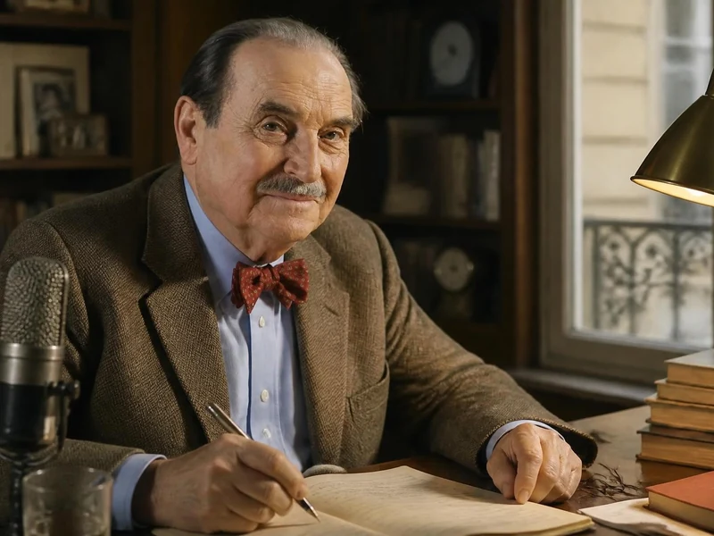 Portrait de Jean Ferniot assis à son bureau avec un microphone et des livres en arrière-plan