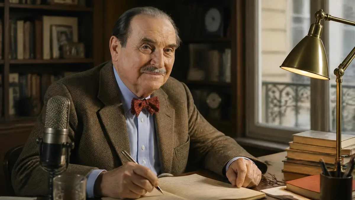 Portrait de Jean Ferniot assis à son bureau avec un microphone et des livres en arrière-plan