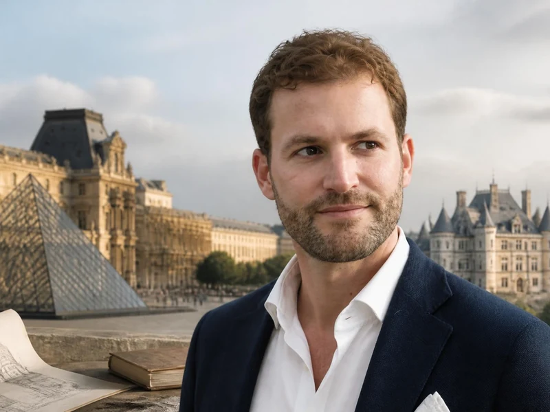 Portrait de l'historien Jean Guillaume posant devant le musée du Louvre et un château français