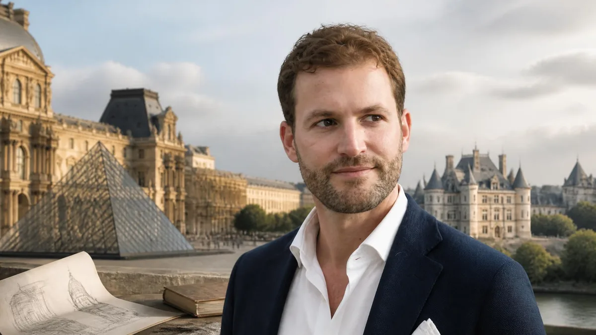 Portrait de l'historien Jean Guillaume posant devant le musée du Louvre et un château français