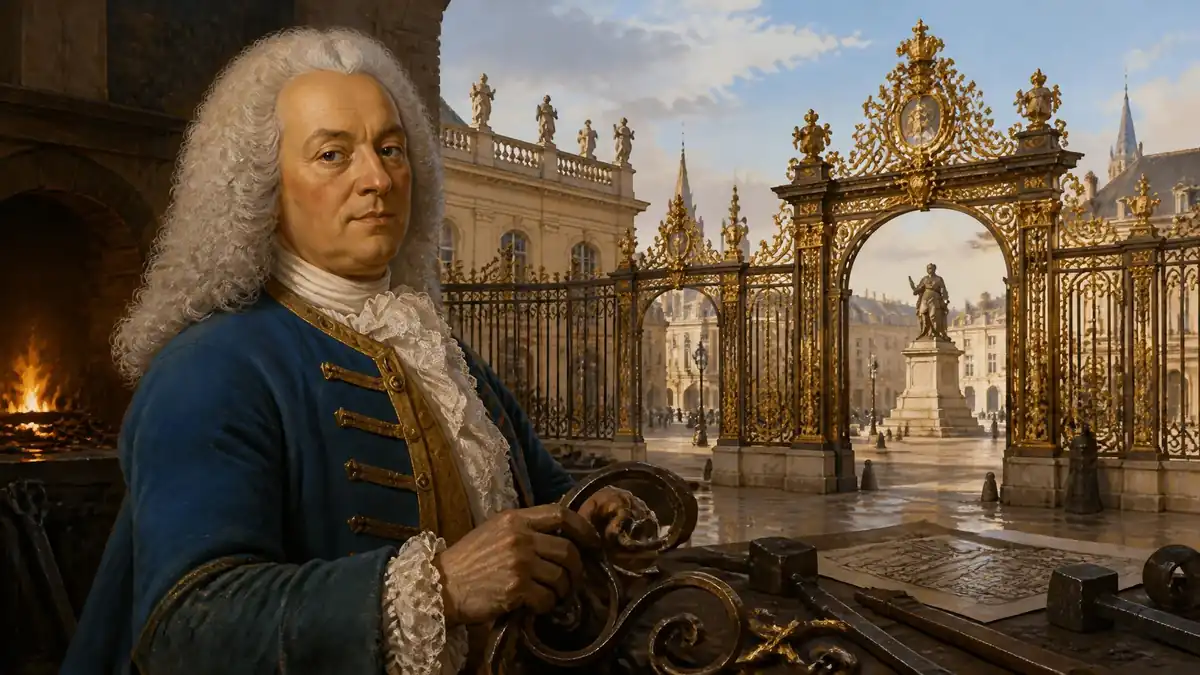 Portrait du ferronnier Jean Lamour travaillant devant les célèbres grilles dorées de la place Stanislas à Nancy