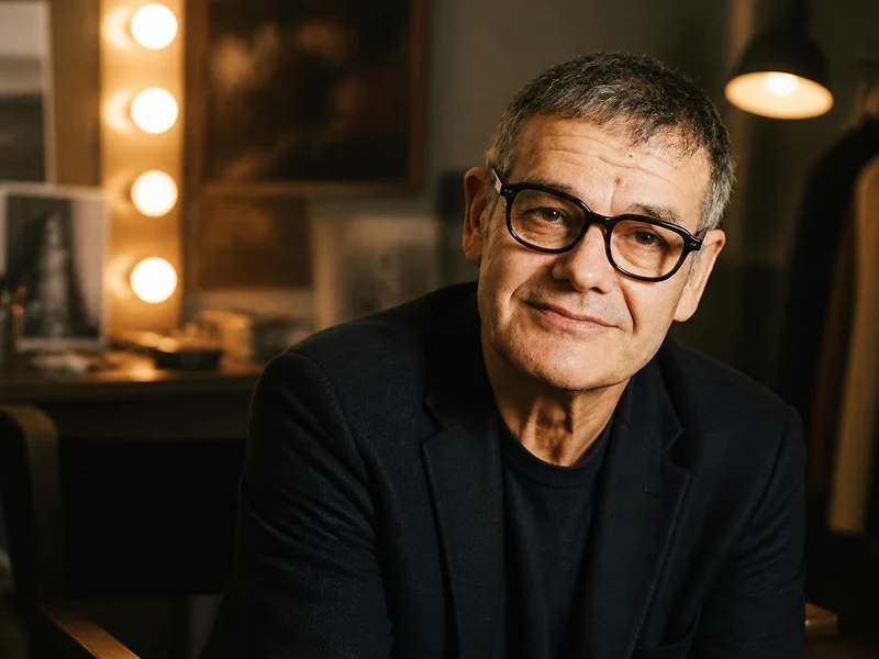 Portrait de l'acteur français Jean-Michel Lahmi posant dans une loge de théâtre éclairée