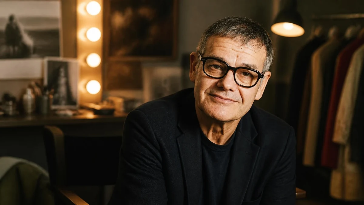 Portrait de l'acteur français Jean-Michel Lahmi posant dans une loge de théâtre éclairée
