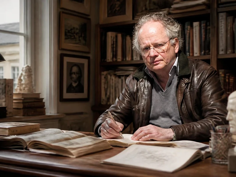Portrait de Jean Paris travaillant à son bureau entouré de livres anciens et d'une petite statue