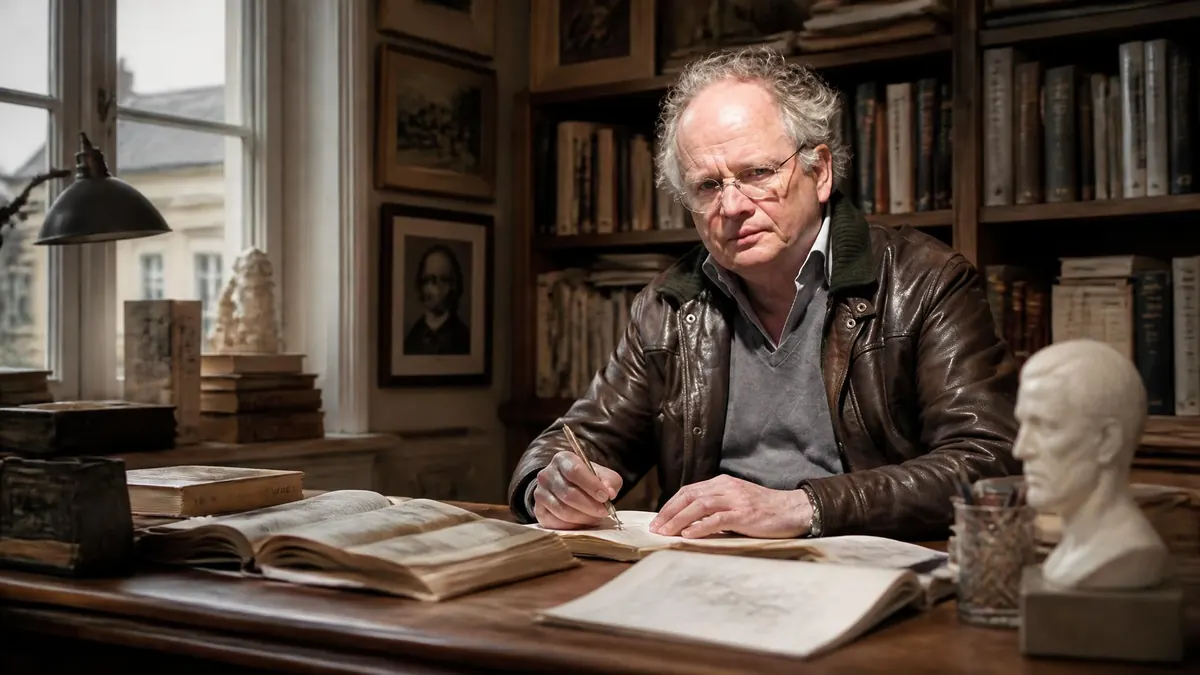 Portrait de Jean Paris travaillant à son bureau entouré de livres anciens et d'une petite statue