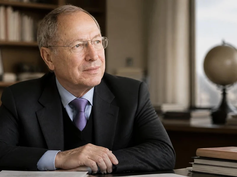 Portrait de Jean Peyrelevade assis à son bureau dans un cadre professionnel avec une bibliothèque en arrière-plan