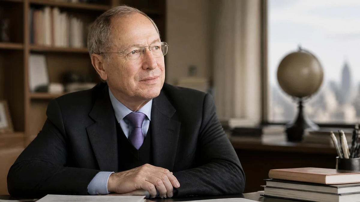 Portrait de Jean Peyrelevade assis à son bureau dans un cadre professionnel avec une bibliothèque en arrière-plan