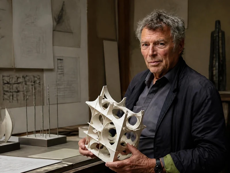 Jean-Pierre Bertrand tient une sculpture géométrique complexe dans son atelier rempli de dessins et de maquettes