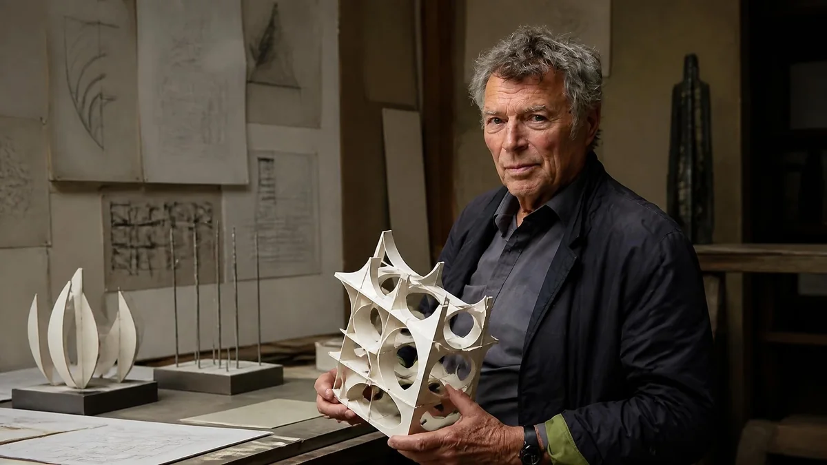 Jean-Pierre Bertrand tient une sculpture géométrique complexe dans son atelier rempli de dessins et de maquettes