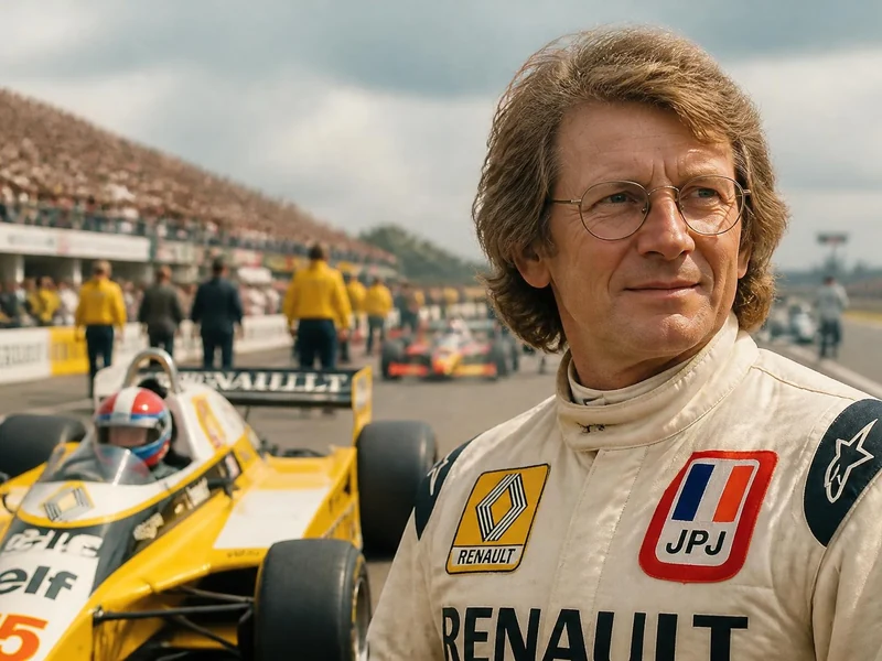 Le pilote français Jean-Pierre Jabouille se tient devant sa monoplace sur la grille de départ d'un circuit automobile