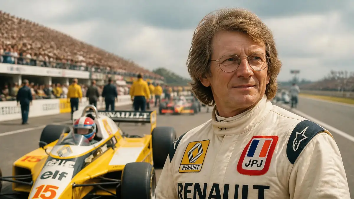 Le pilote français Jean-Pierre Jabouille se tient devant sa monoplace sur la grille de départ d'un circuit automobile