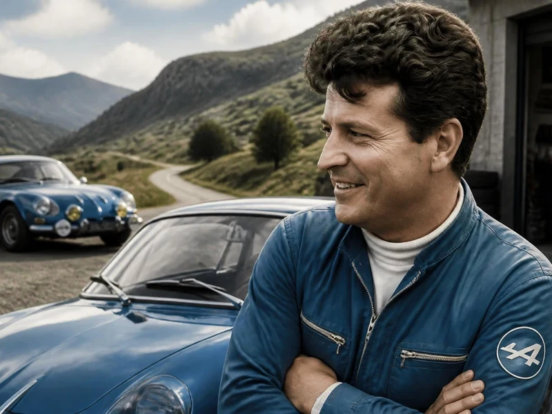 Jean Rédélé pose avec fierté devant sa célèbre voiture de sport bleue dans un paysage de montagne
