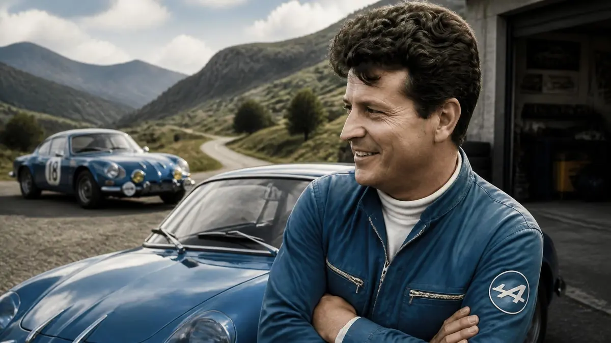 Jean Rédélé pose avec fierté devant sa célèbre voiture de sport bleue dans un paysage de montagne