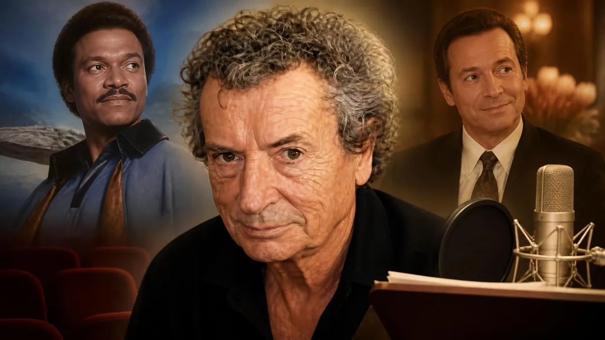 Portrait de Jean Roche entouré d'images illustrant sa carrière de comédien de doublage