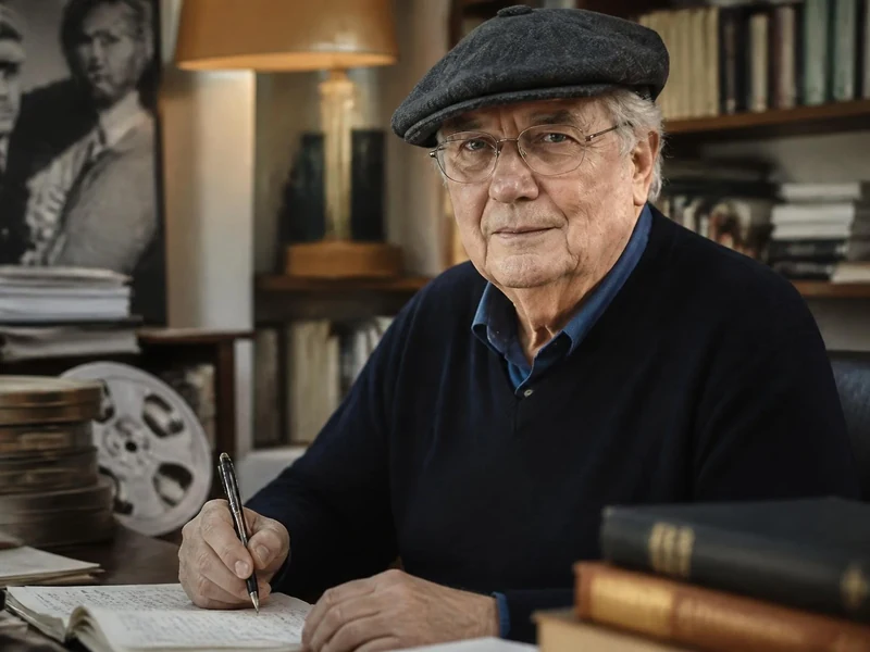 Portrait de l'écrivain Jean Vautrin assis à son bureau en train d'écrire