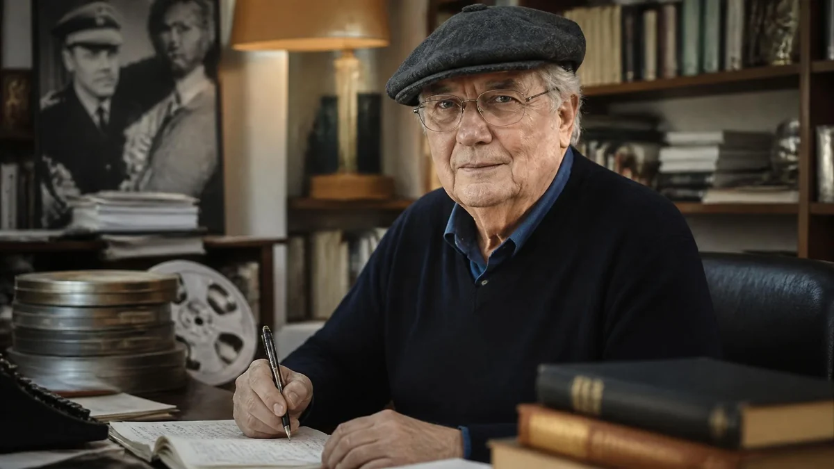 Portrait de l'écrivain Jean Vautrin assis à son bureau en train d'écrire