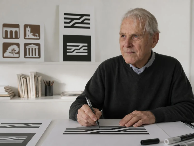 Le célèbre graphiste Jean Widmer travaille sur ses créations à son bureau dans un atelier lumineux