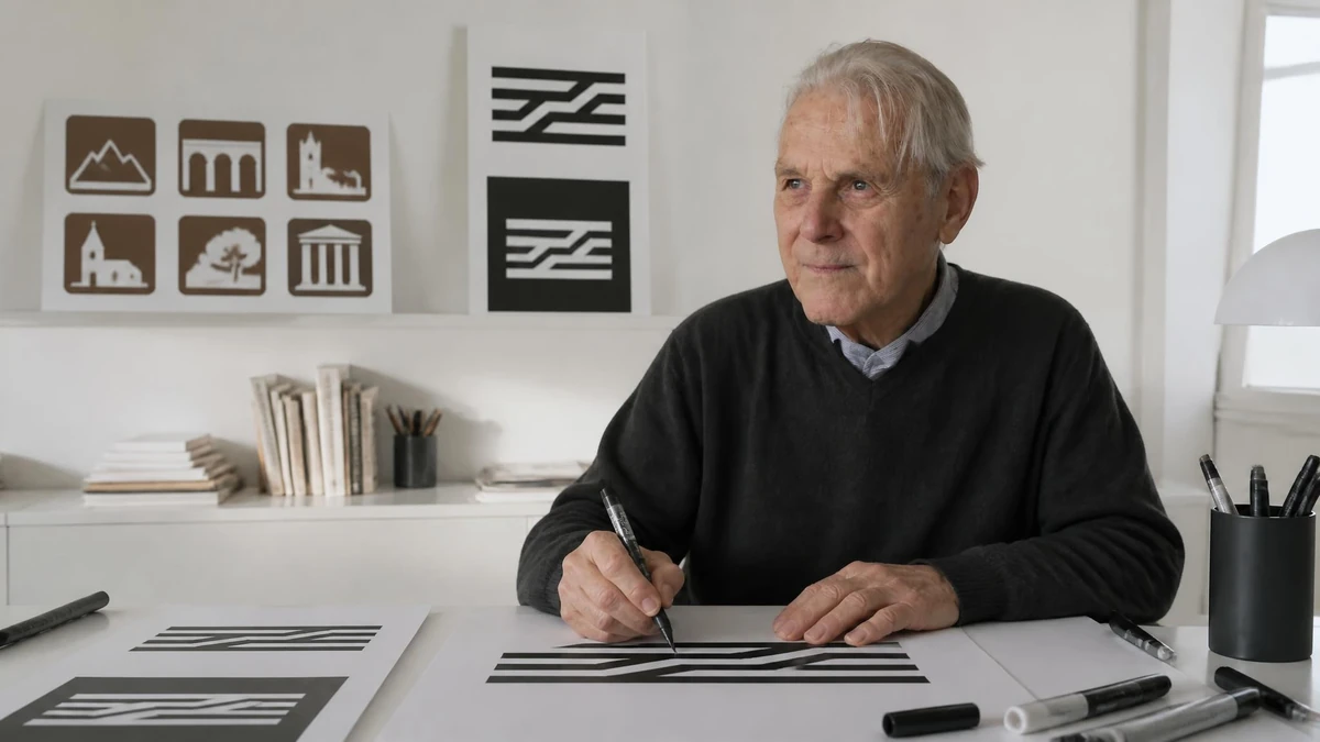Le célèbre graphiste Jean Widmer travaille sur ses créations à son bureau dans un atelier lumineux