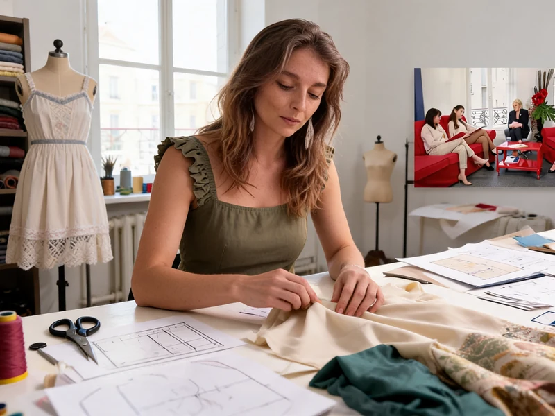 Jehanne Chauffroy travaille sur une création de mode dans son atelier avec des patrons et des tissus sur sa table