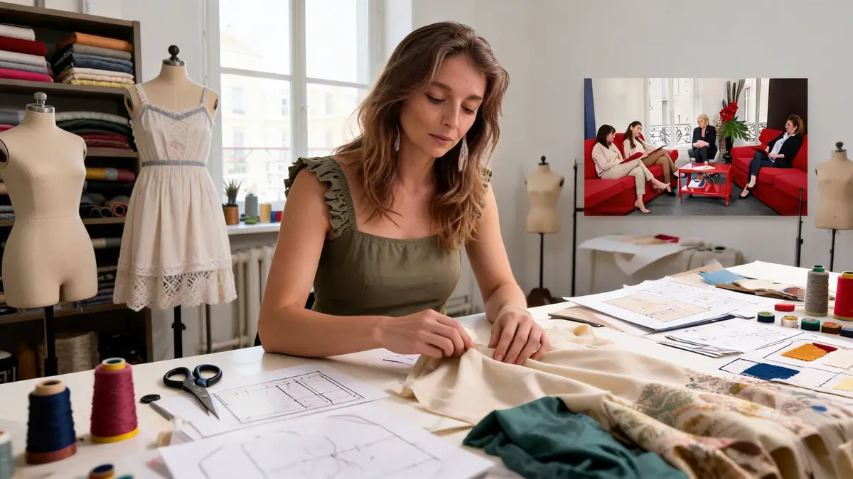 Jehanne Chauffroy travaille sur une création de mode dans son atelier avec des patrons et des tissus sur sa table