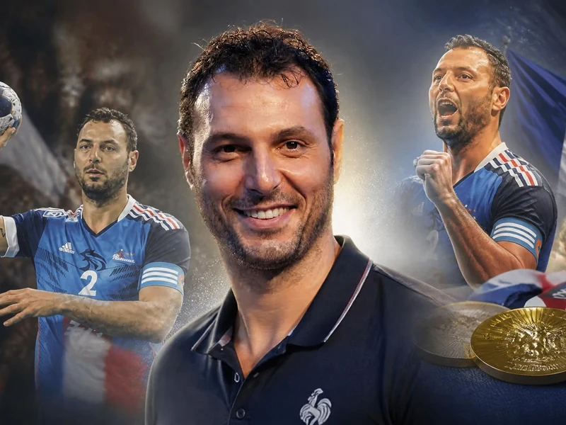 Montage photo montrant Jérôme Fernandez en tenue de handballeur et avec des médailles remportées en équipe de France