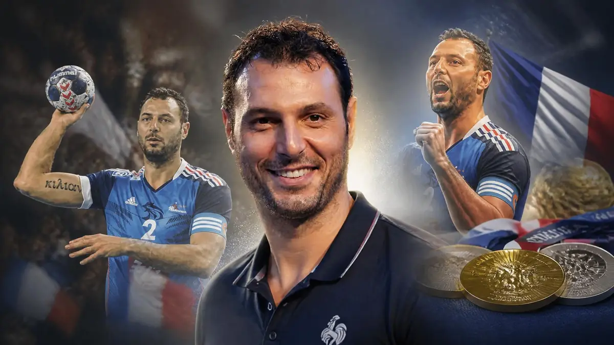 Montage photo montrant Jérôme Fernandez en tenue de handballeur et avec des médailles remportées en équipe de France