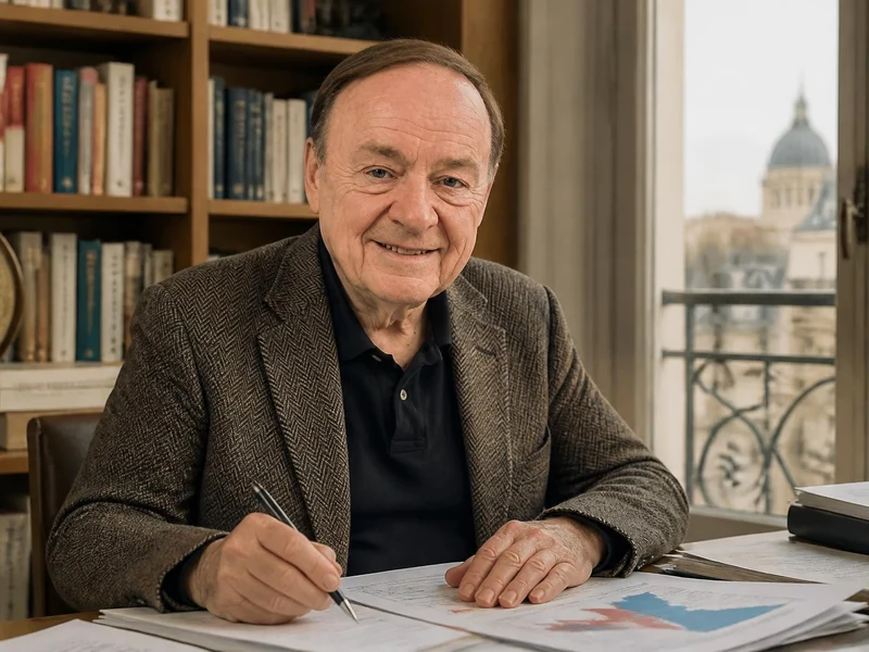 Portrait de Jérôme Jaffré travaillant à son bureau devant une bibliothèque et une vue sur Paris
