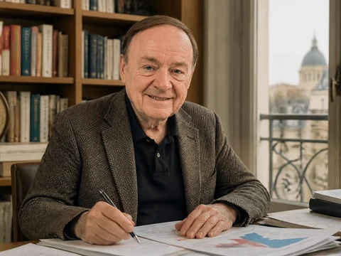 Portrait de Jérôme Jaffré travaillant à son bureau devant une bibliothèque et une vue sur Paris