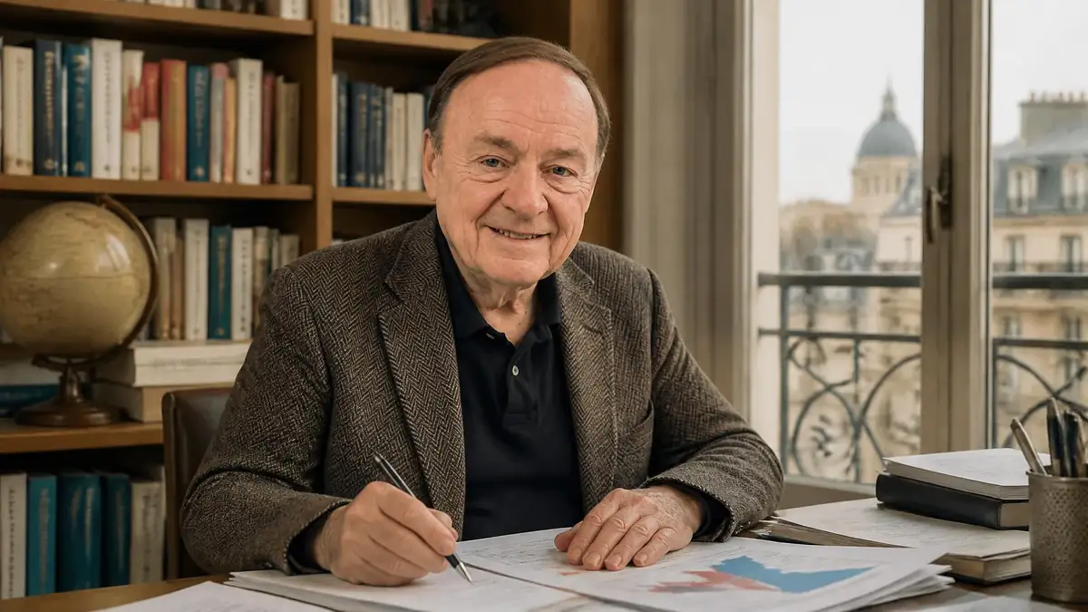 Portrait de Jérôme Jaffré travaillant à son bureau devant une bibliothèque et une vue sur Paris