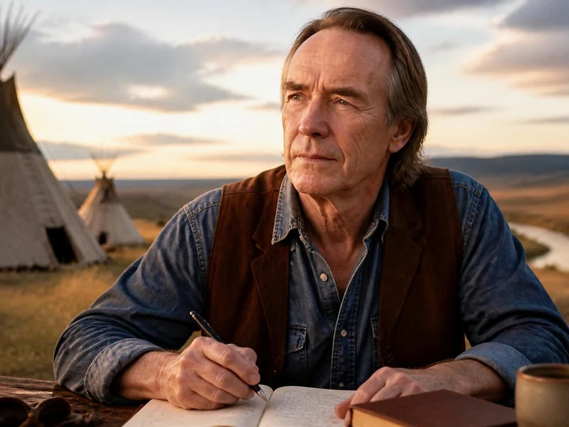 L'écrivain Jim Fergus écrit dans un carnet devant des tipis sous un ciel de fin de journée