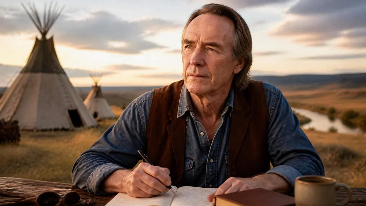 L'écrivain Jim Fergus écrit dans un carnet devant des tipis sous un ciel de fin de journée