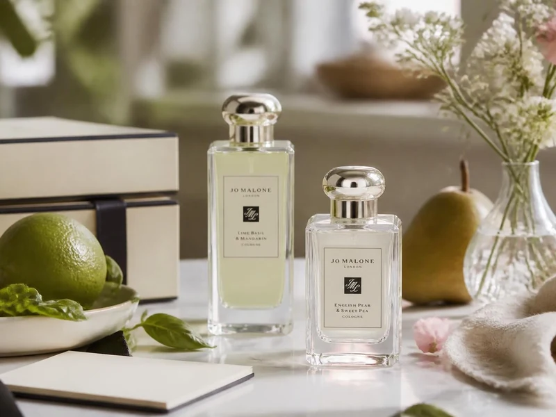 Deux flacons de parfum joe malone disposés sur une table élégante avec des fruits et des fleurs fraîches