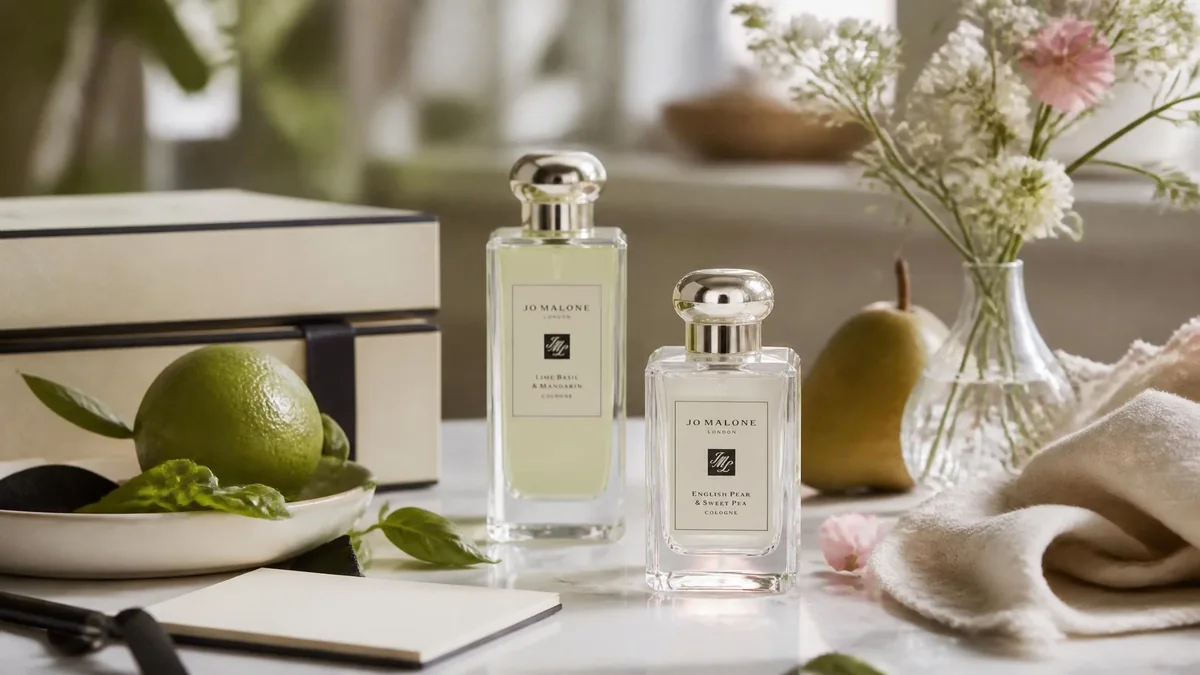Deux flacons de parfum joe malone disposés sur une table élégante avec des fruits et des fleurs fraîches