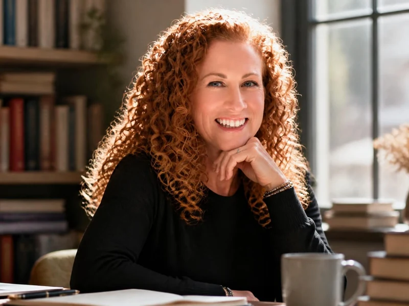 Portrait souriant de l'autrice Jodi Picoult installée à son bureau entourée de livres