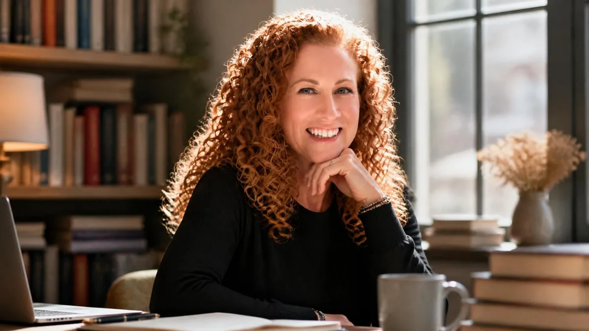 Portrait souriant de l'autrice Jodi Picoult installée à son bureau entourée de livres