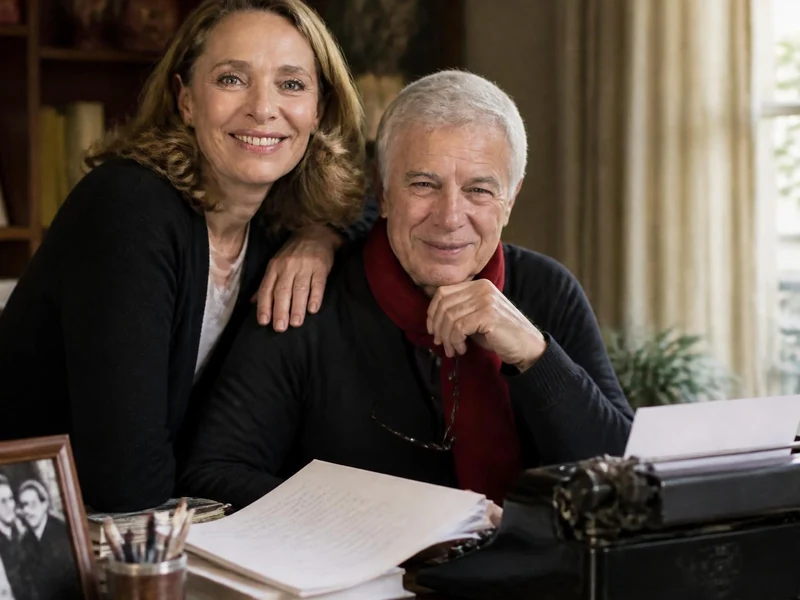 Joëlle Bercot pose avec Guy Bedos près d'une machine à écrire dans un bureau chaleureux
