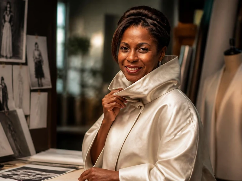 Portrait élégant de Johanne Harrelle souriante dans un atelier de couture entourée de croquis de mode