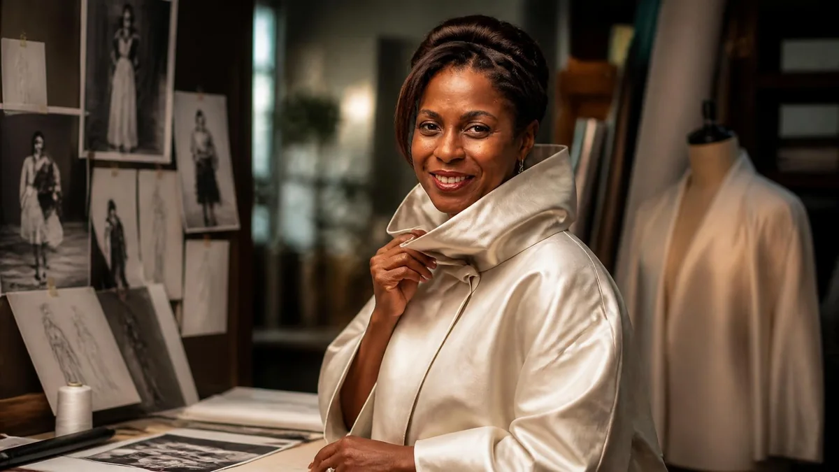 Portrait élégant de Johanne Harrelle souriante dans un atelier de couture entourée de croquis de mode