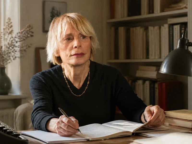 Josée Kamoun assise à son bureau, en train d'écrire dans un carnet devant une bibliothèque remplie de livres