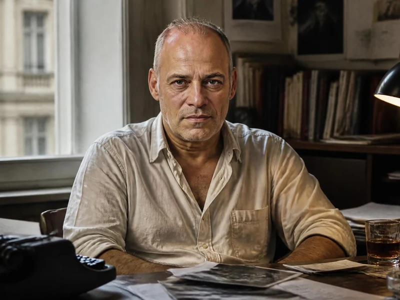 Portrait de l'écrivain Joseph Incardona assis à son bureau de travail avec une machine à écrire