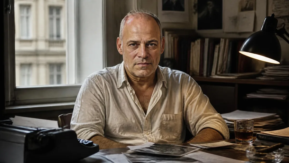 Portrait de l'écrivain Joseph Incardona assis à son bureau de travail avec une machine à écrire