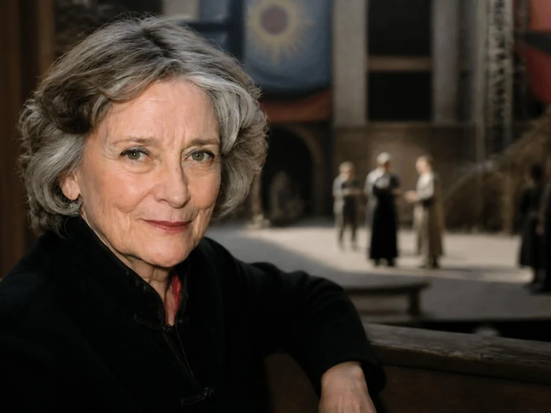 Portrait de joséphine derenne souriante avec une scène de théâtre en arrière-plan