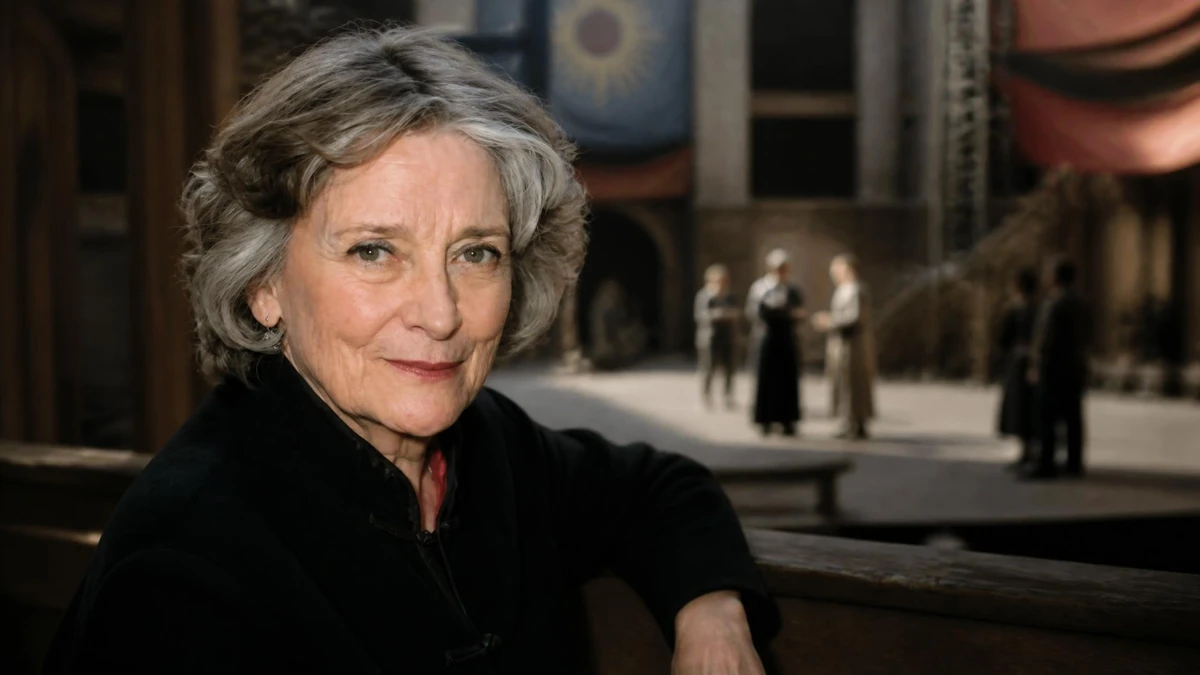 Portrait de joséphine derenne souriante avec une scène de théâtre en arrière-plan