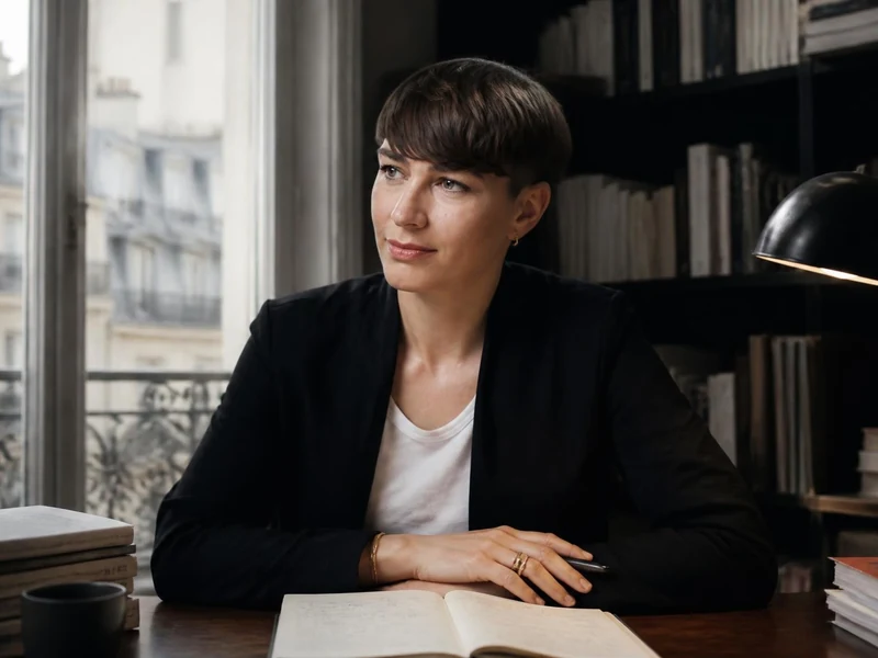 La romancière Joy Sorman assise à son bureau, plongée dans ses pensées face à une fenêtre donnant sur Paris