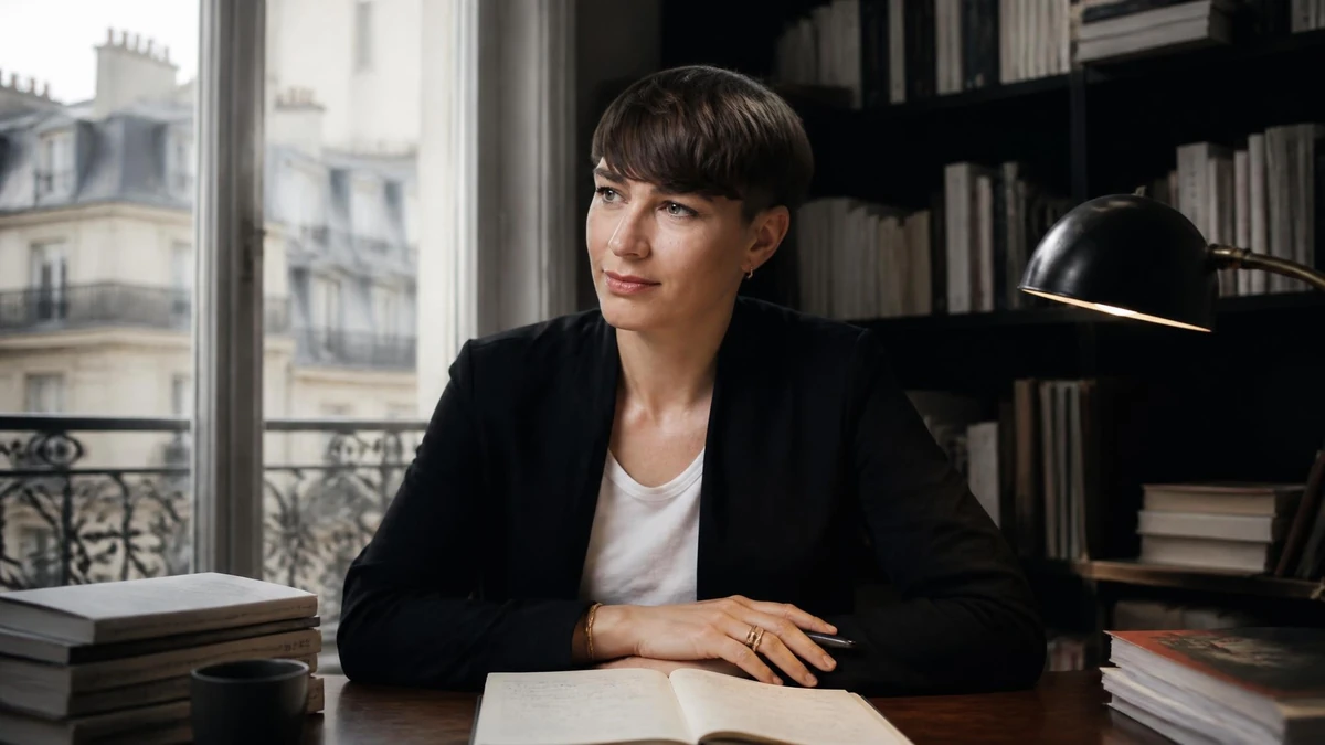 La romancière Joy Sorman assise à son bureau, plongée dans ses pensées face à une fenêtre donnant sur Paris